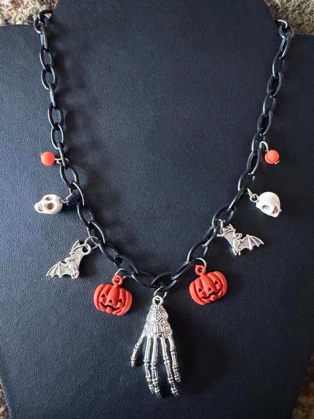 Halloween Charm Necklace with Skull, Bat, Pumpkin, & Skeleton Hand